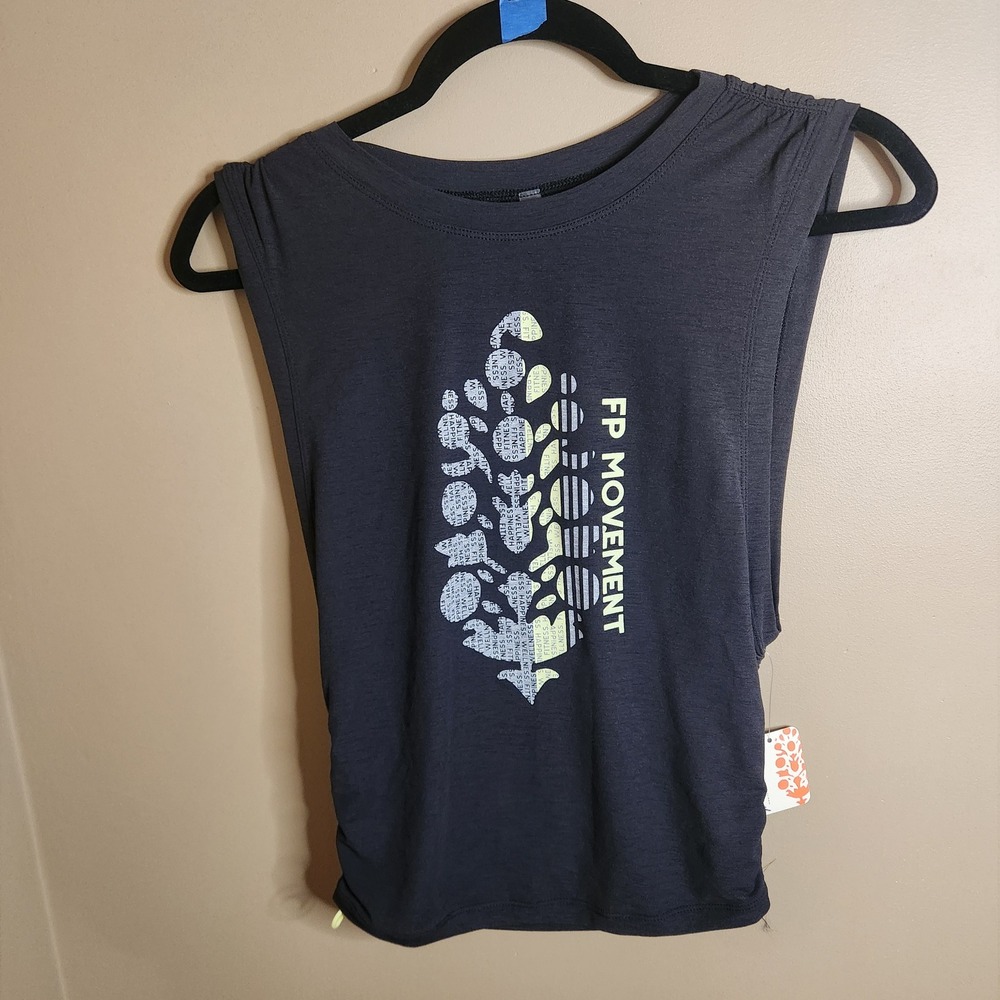 FP Movement Free People Black Graphic Muscle Tank Top Ruched Side XS NEW